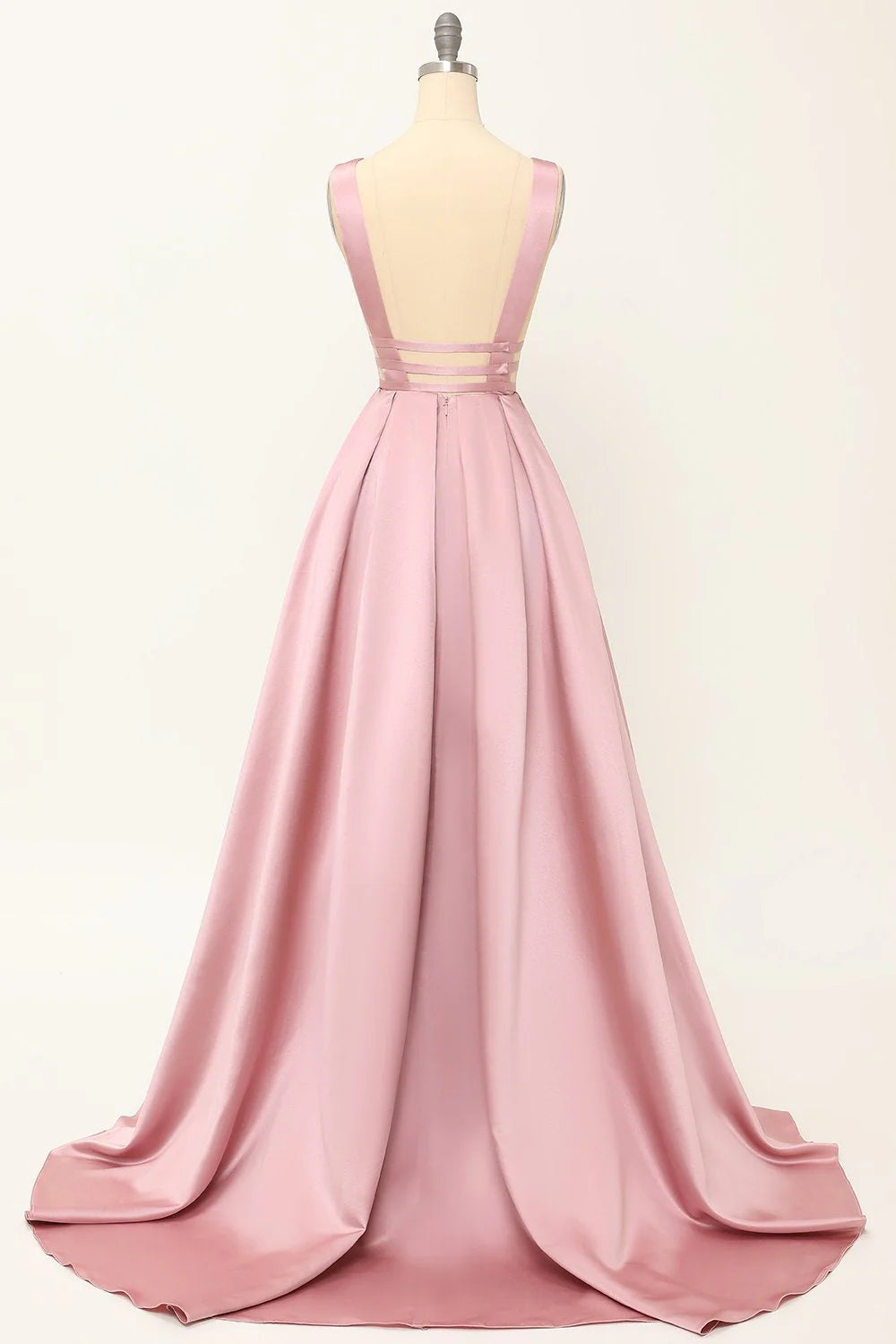 A-Line Deep V Neck Bow Tie Satin Yellow Long Prom Dress With Slit