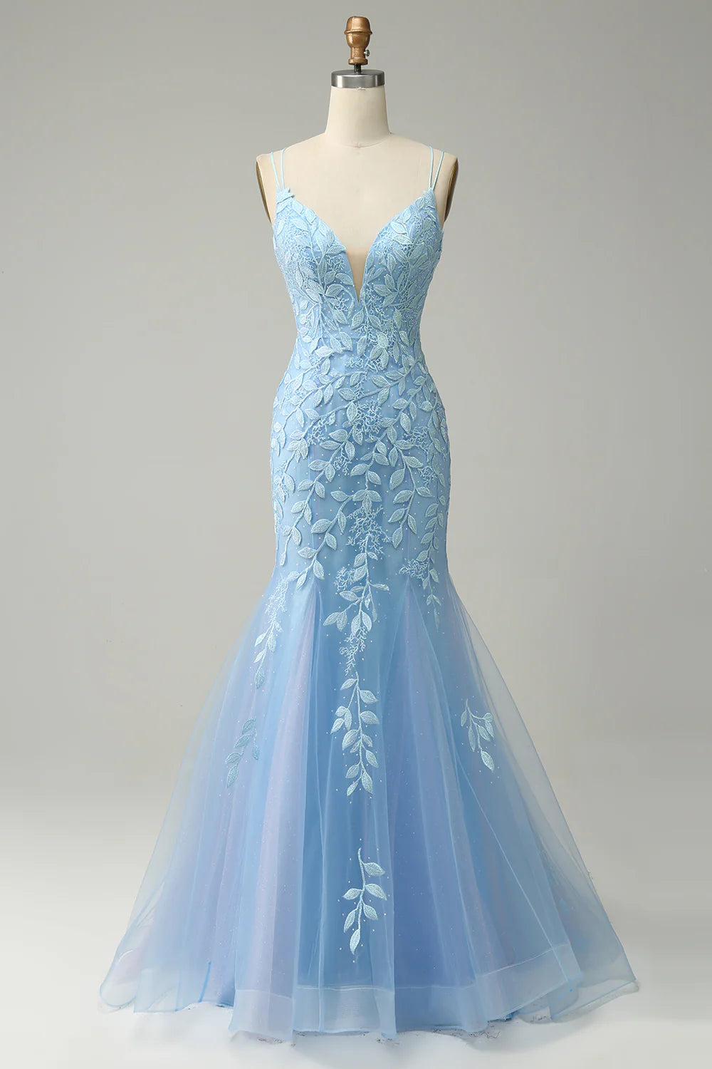 Deep V-neck Appliqued Corset Tulle Lace Maxi Prom Dresses Azalea main image 0