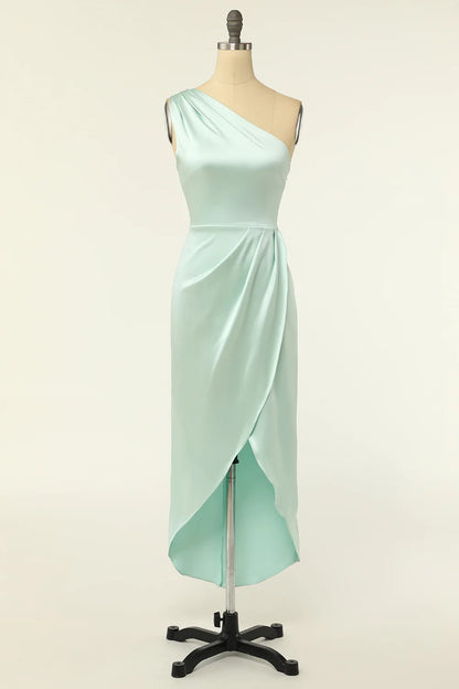Wholesa Sheath One Shoulder Satin Green Long formal dresses Bridesmaid Dresses evening gown Prom Dress main image 1