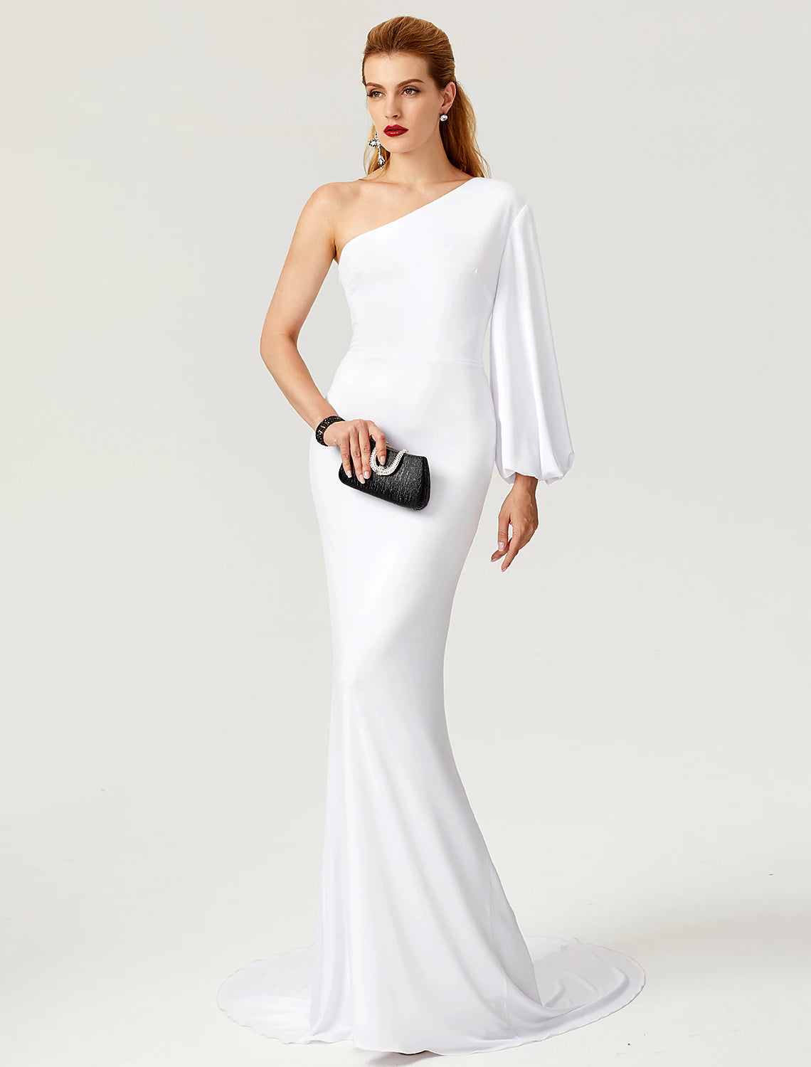 Wholesa Mermaid / Trumpet Celebrity Style Dress Engagement Formal Evening Court Train Long Sleeve One Shoulder Jersey with Pleats