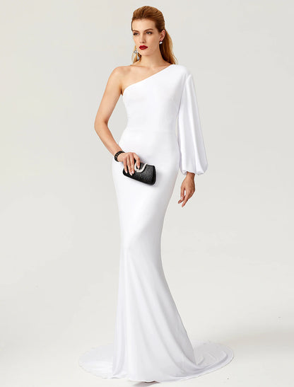 Wholesa Mermaid / Trumpet Celebrity Style Dress Engagement Formal Evening Court Train Long Sleeve One Shoulder Jersey with Pleats