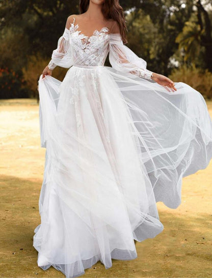 Wholesa Beach Wedding Dresses A-Line Off Shoulder Long Sleeve Sweep / Brush Train Lace Bridal Gowns With Pleats Appliques
