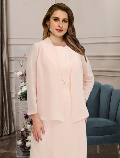 wholesale  Two Piece A-Line Mother of the Bride Dresses Plus Size Hide Belly Curve Elegant Dress Formal Ankle Length Half Sleeve Jewel Neck Chiffon with Beading