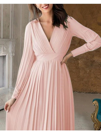 Wholesa  A-Line Mother of the Bride Dress Formal Wedding Guest Elegant V Neck Floor Length Chiffon Long Sleeve with Pleats