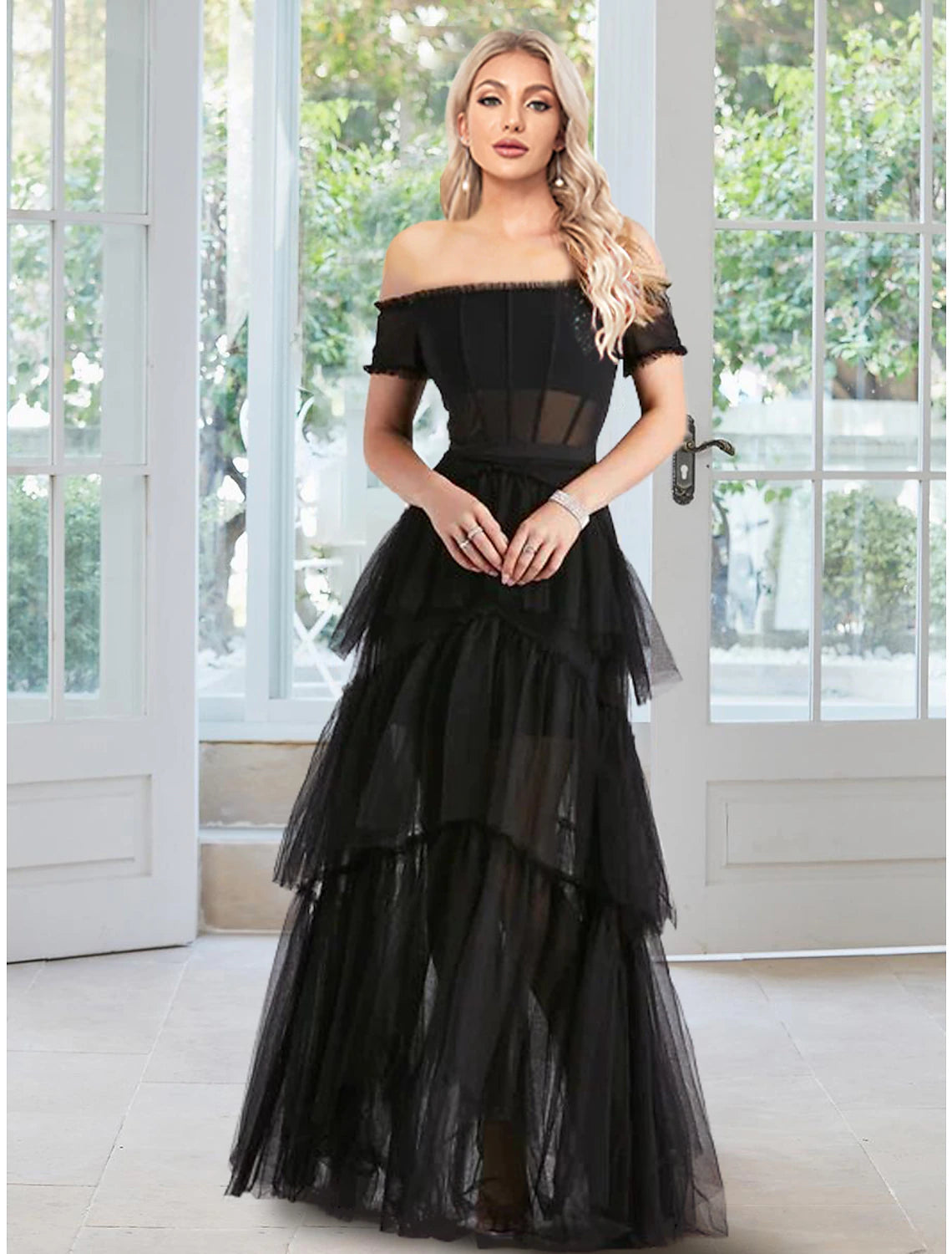 Wholesa Ball Gown Prom Dresses Corsets Dress Masquerade Prom Floor Length Sleeveless Off Shoulder Tulle with Ruffles Pure Color