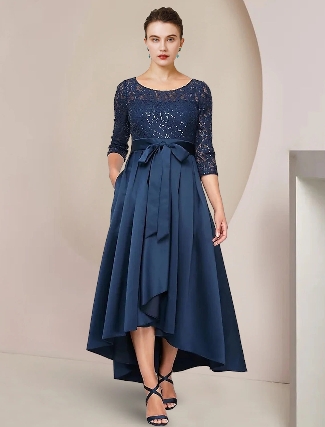 wholesale  A-Line Mother of the Bride Dress Wedding Guest Elegant High Low Scoop Neck Asymmetrical Tea Length Lace Taffeta 3/4 Length Sleeve with Bow(s) Pleats
