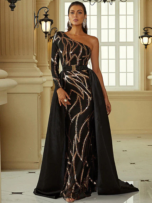 Wholesa Mermaid / Trumpet Evening Gown Sexy Dress Formal Court Train Long Sleeve One Shoulder Polyester with Sequin