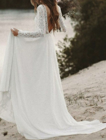 wholesale  Beach Boho Wedding Dresses A-Line V Neck Long Sleeve Sweep / Brush Train Chiffon Bridal Gowns