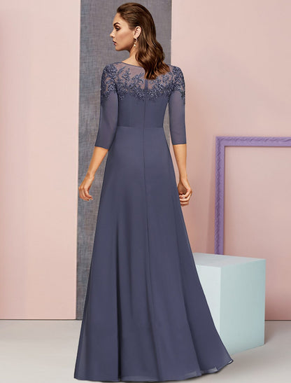 wholesale  A-Line Mother of the Bride Dress Formal Elegant Jewel Neck Floor Length Chiffon Lace 3/4 Length Sleeve with Sequin Appliques