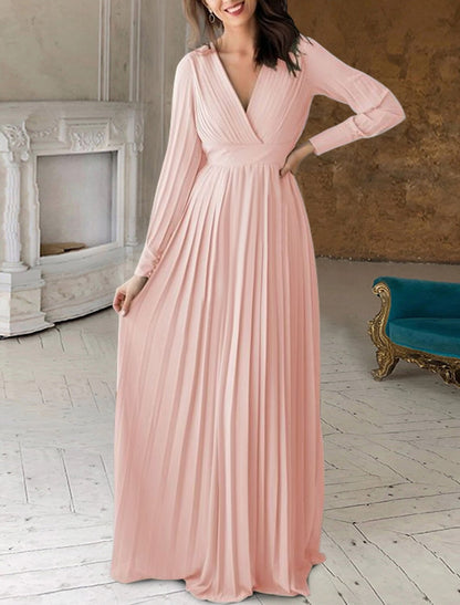Wholesa  A-Line Mother of the Bride Dress Formal Wedding Guest Elegant V Neck Floor Length Chiffon Long Sleeve with Pleats