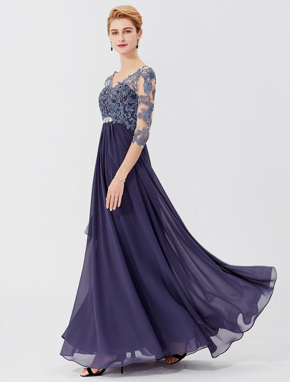 wholesale  Ball Gown A-Line Mother of the Bride Dress Formal Plus Size Elegant V Neck Floor Length Chiffon Sheer Lace 3/4 Length Sleeve with Crystals Appliques