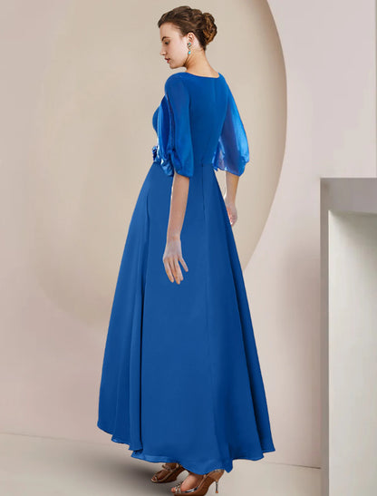 wholesale  A-Line Mother of the Bride Dress Wedding Guest Party Elegant V Neck Asymmetrical Chiffon Half Sleeve with Crystal Brooch Ruching