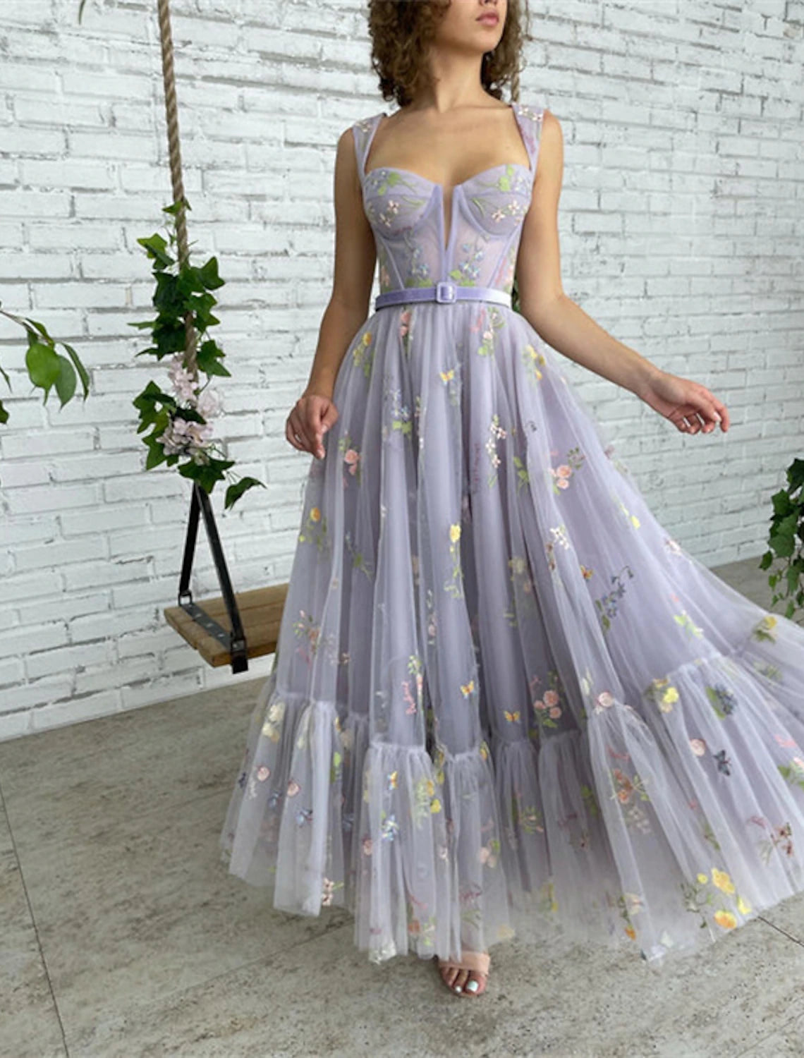 Wholesa A-Line Prom Dresses Floral Dress Formal Evening Birthday Floor Length Short Sleeve Square Neck Fall Wedding Guest Lace with Pleats Appliques