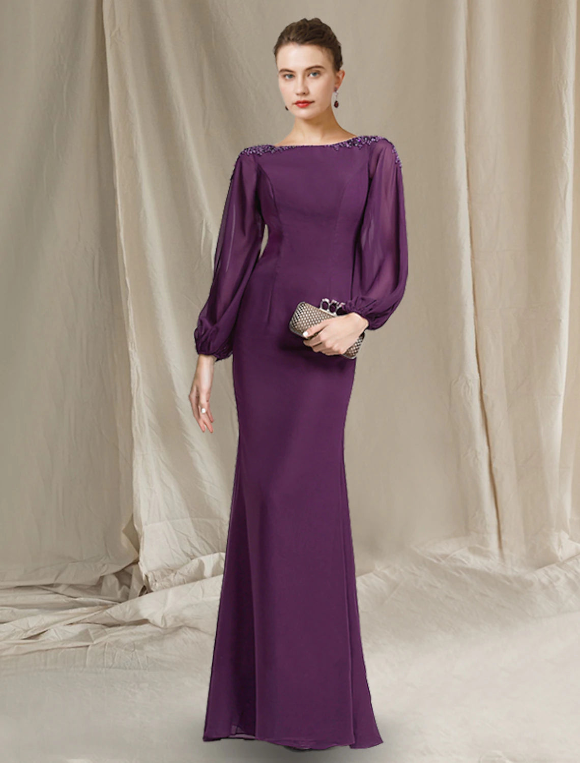 wholesale  Sheath / Column Mother of the Bride Dress Elegant Jewel Neck Floor Length Chiffon Long Sleeve with Beading