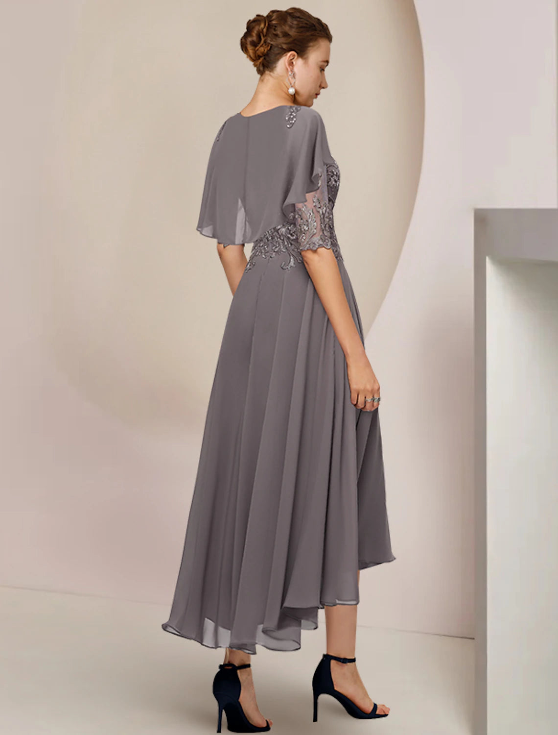 wholesale   A-Line Mother of the Bride Dress Formal Fall Wedding Guest Elegant Scoop Neck Asymmetrical Tea Length Chiffon Lace Half Sleeve with Beading Appliques