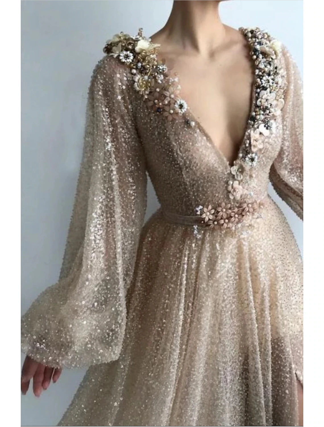 Wholesa A-Line Evening Gown Sparkle Dress Wedding Guest Prom Floor Length Long Sleeve V Neck Sequined with Sequin Appliques Split Front