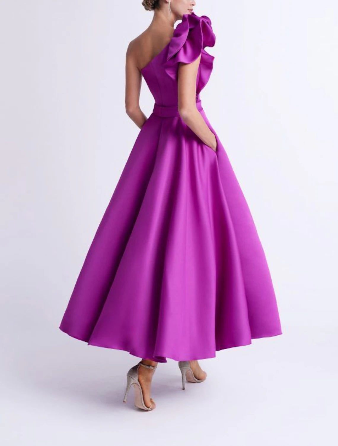Wholesa A-Line Cocktail Dresses Elegant Dress Wedding Guest Party Wear Ankle Length Sleeveless One Shoulder Pocket Satin with Ruffles