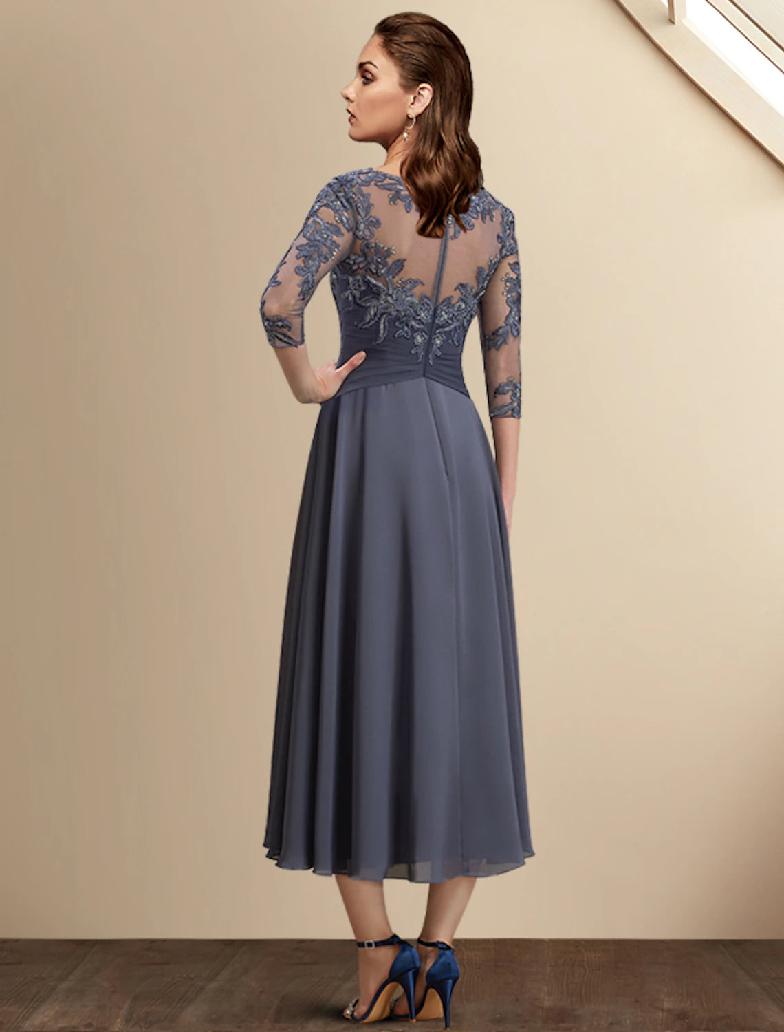 wholesale  A-Line Mother of the Bride Dress Wedding Guest Plus Size Elegant High Low Jewel Neck Asymmetrical Tea Length Chiffon Lace 3/4 Length Sleeve with Sequin Appliques Fall