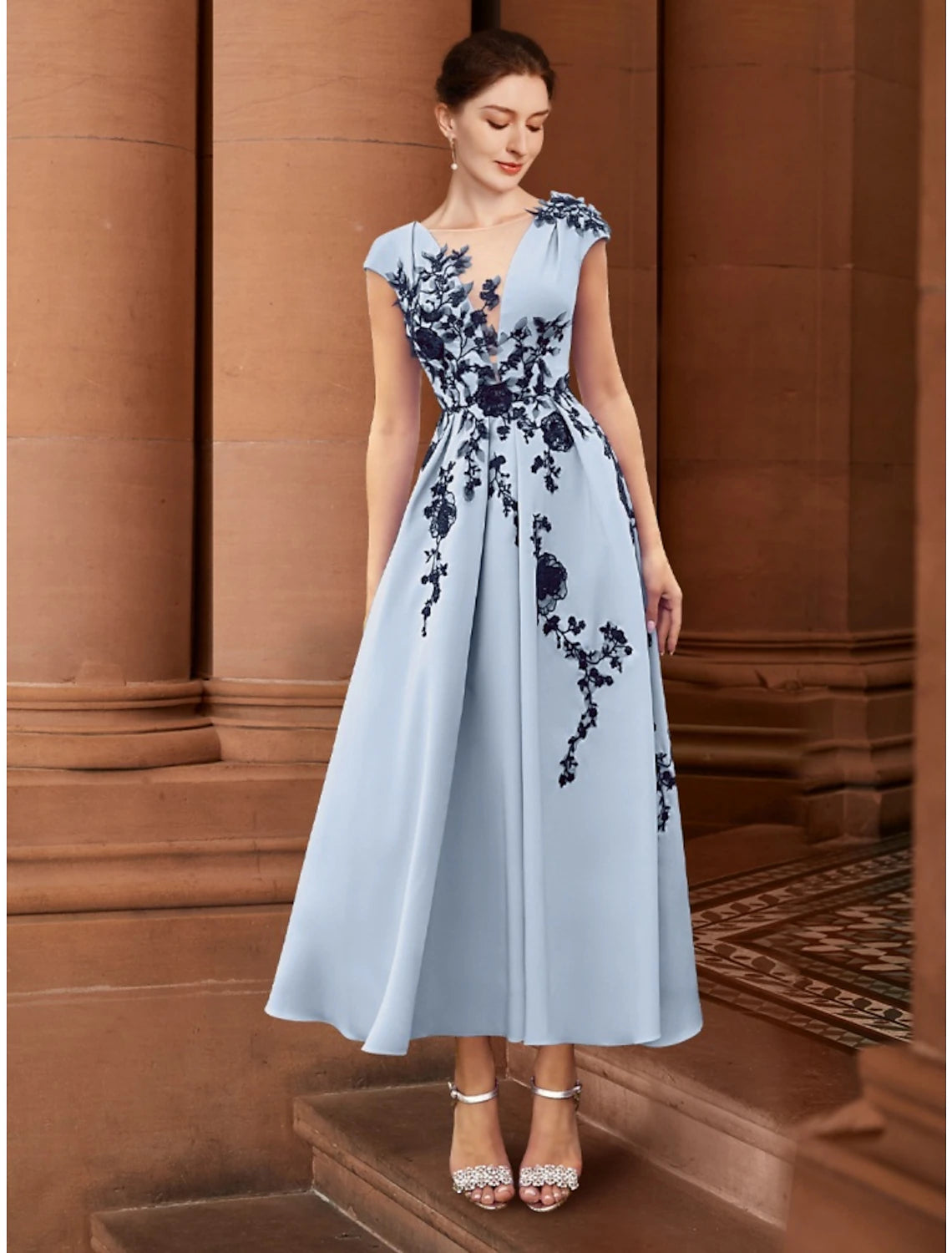 Wholesa  A-Line Mother of the Bride Dress Wedding Guest Elegant Illusion Neck Ankle Length Stretch Chiffon Cap Sleeve with Appliques Ruching