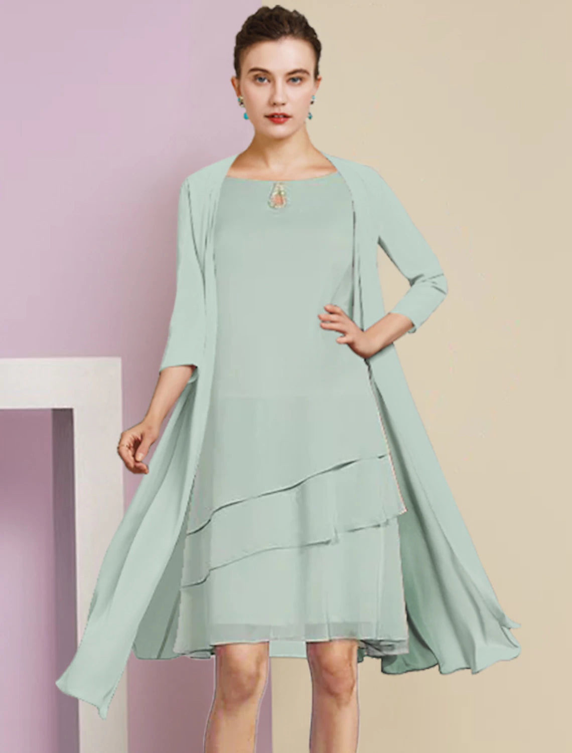 Wholesa  Two Piece A-Line Mother of the Bride Dress Formal Wedding Guest Elegant Scoop Neck Knee Length Chiffon 3/4 Length Sleeve with Tier