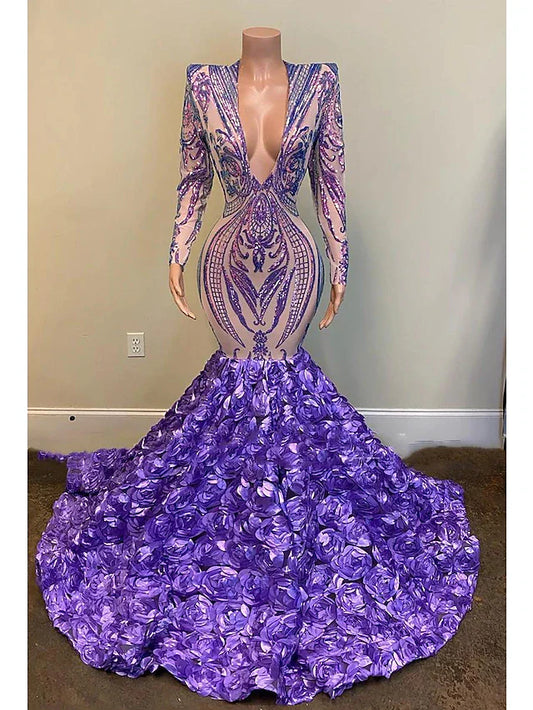 Wholesa Mermaid / Trumpet Evening Gown Floral Dress Formal Court Train Long Sleeve V Neck African American Sequined with Sequin