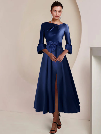wholesale   A-Line Mother of the Bride Dress Formal Wedding Guest Party Elegant Bateau Neck Tea Length Satin 3/4 Length Sleeve with Bow(s) Split Front