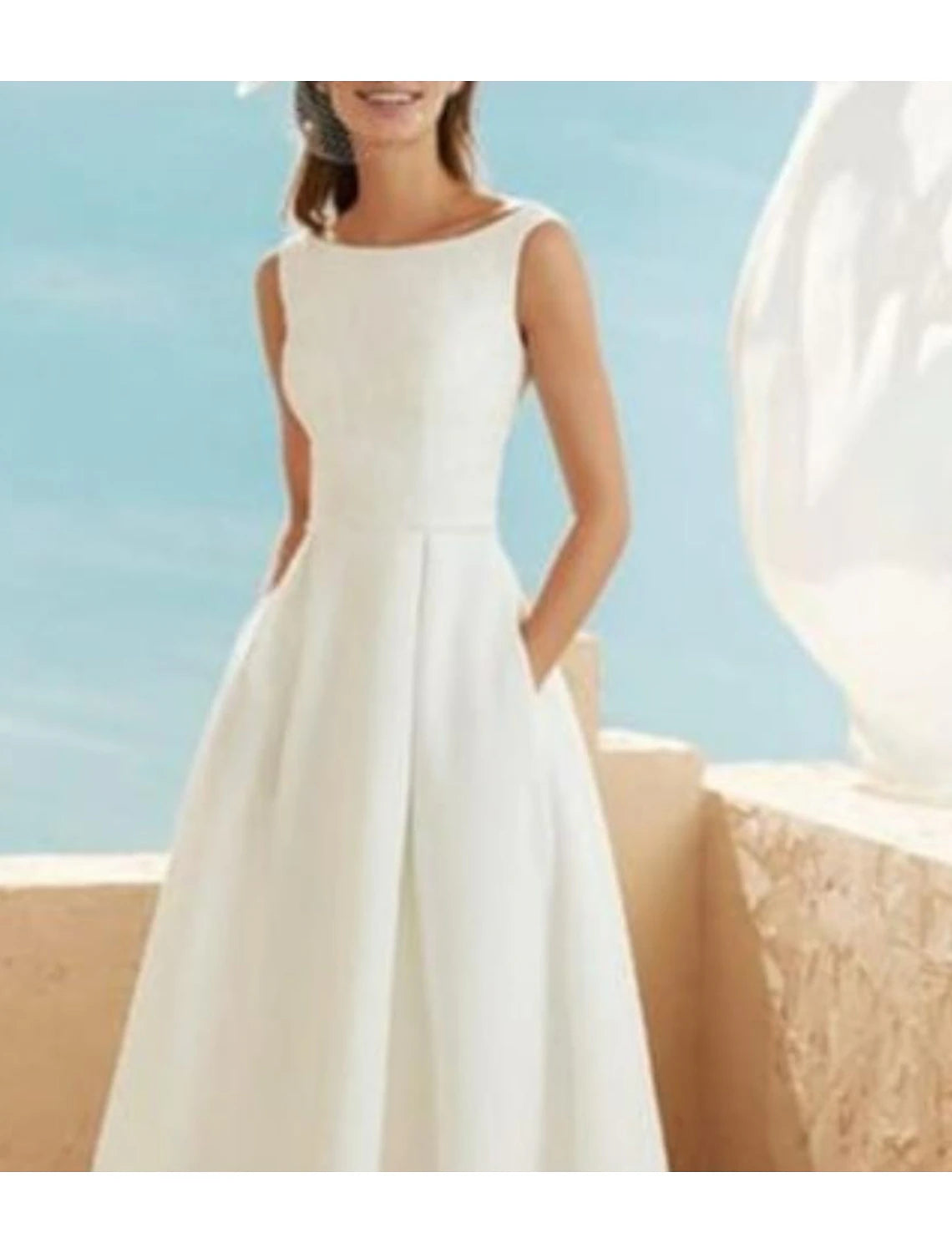 Wholesa Bridal Shower Little White Dresses Wedding Dresses A-Line Scoop Neck Sleeveless Asymmetrical Satin Bridal Gowns With Pleats