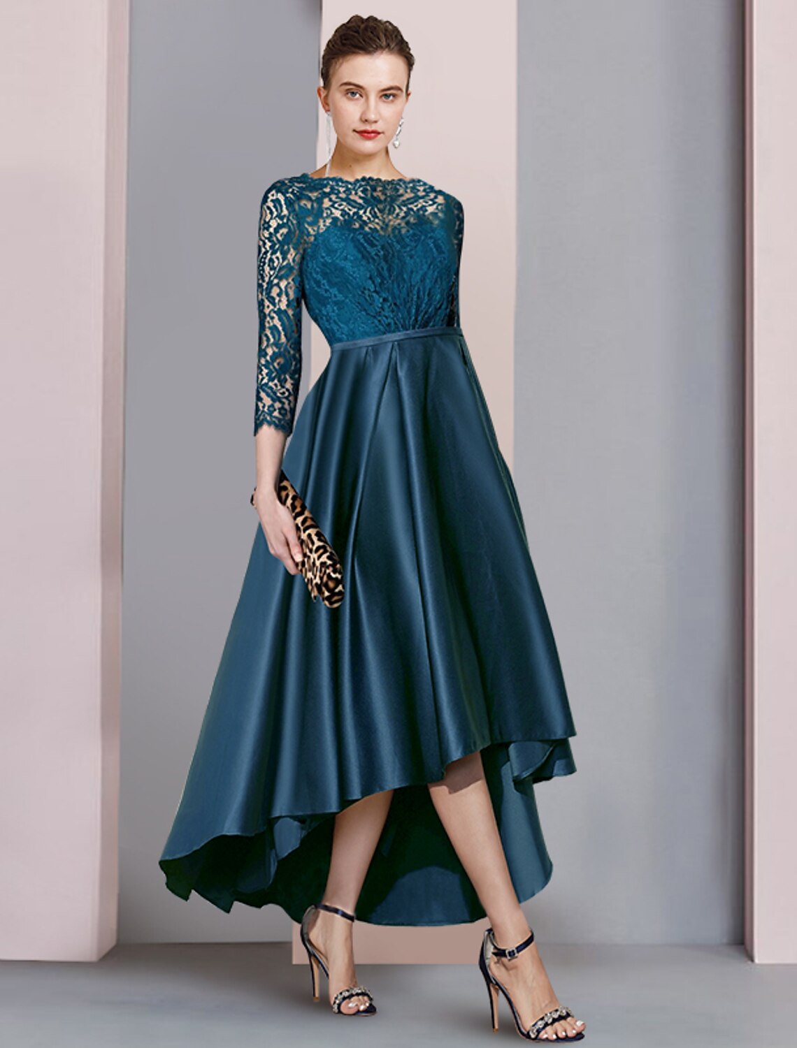 wholesale  A-Line Mother of the Bride Dress Formal Wedding Guest Elegant High Low Scoop Neck Asymmetrical Tea Length Satin Lace Half Sleeve with Pleats