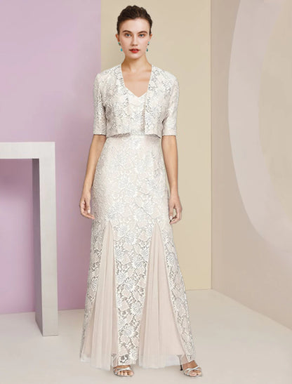 wholesale   A-Line Mother of the Bride Dress Formal Wedding Guest Elegant V Neck Ankle Length Chiffon Lace Sleeveless Wrap Included with Pleats Appliques