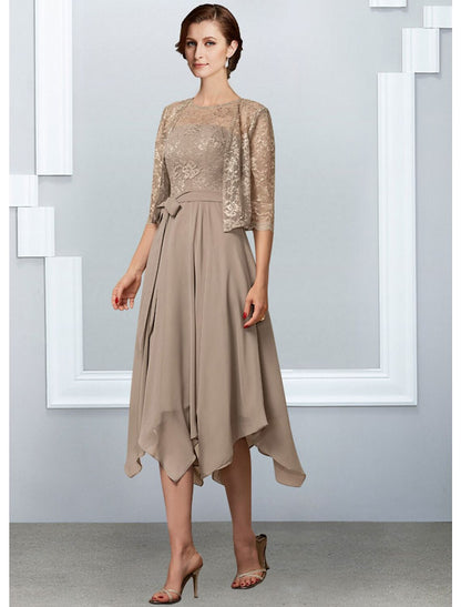 wholesale  A-Line Mother of the Bride Dress Elegant Jewel Neck Tea Length Chiffon Lace Half Sleeve with Pleats