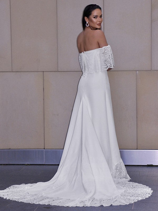 Wholesa Sheath/Column Lace Ruffles Off-the-Shoulder Short Sleeves Chapel Train Wedding Dresses