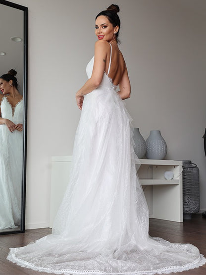 Wholesa  A-Line/Princess Lace Ruffles V-neck Sleeveless Sweep/Brush Train Wedding Dresses