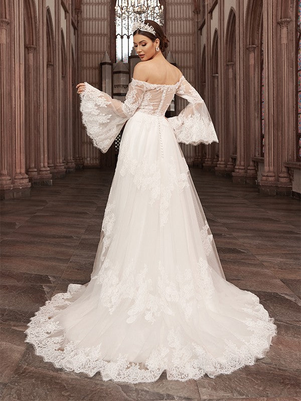 Wholesa  A-Line/Princess Off-the-Shoulder Tulle Long Sleeves Applique Sweep/Brush Train Wedding Dresses