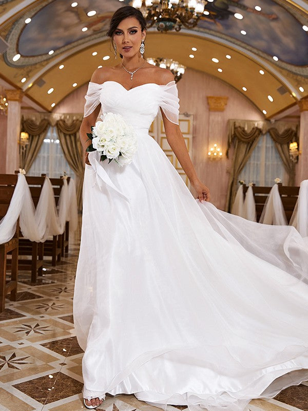 Princess Long White Off-the-shoulder A-line V-neck Organza Satin Wedding Dress