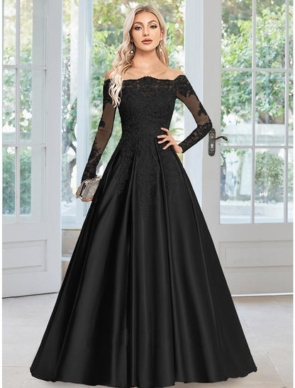 Wholesa A-Line Evening Gown Floral Dress Formal Wedding Guest Court Train Long Sleeve Off Shoulder Satin with Appliques