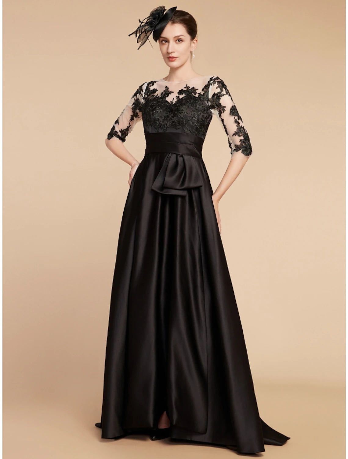 Wholesa  A-Line Mother of the Bride Dress Wedding Guest Elegant Party Jewel Neck Sweep / Brush Train Satin Lace Half Sleeve with Split Front Ruching Solid Color
