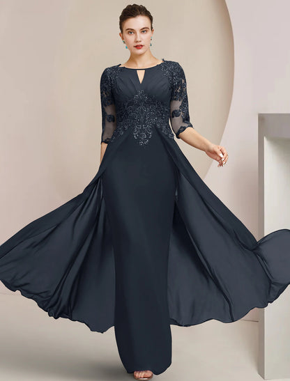 Wholesa  Sheath / Column Mother of the Bride Dress Formal Wedding Guest Elegant Scoop Neck Floor Length Chiffon Lace Half Sleeve with Sequin Appliques