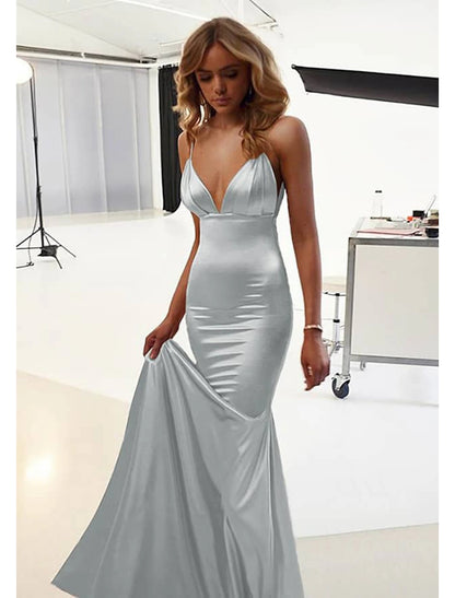 Wholesa Mermaid / Trumpet Wedding Guest Dresses Sexy Dress Prom Black Tie Gala Floor Length Sleeveless Spaghetti Strap Cotton Backless with Ruched