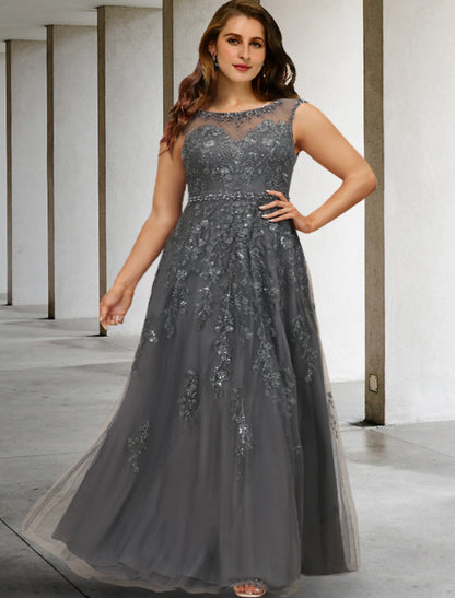 wholesale A-Line Mother of the Bride Dresses Plus Size Hide Belly Curve Elegant Dress Formal Floor Length Sleeveless Jewel Neck Lace with Beading Sequin Appliques
