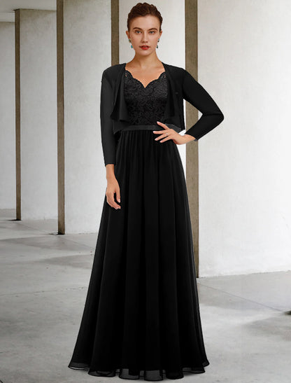 wholesale  Two Piece A-Line Mother of the Bride Dress Plus Size Elegant V Neck Floor Length Chiffon Lace Sleeveless Wrap Included with Sash / Ribbon Pleats Appliques