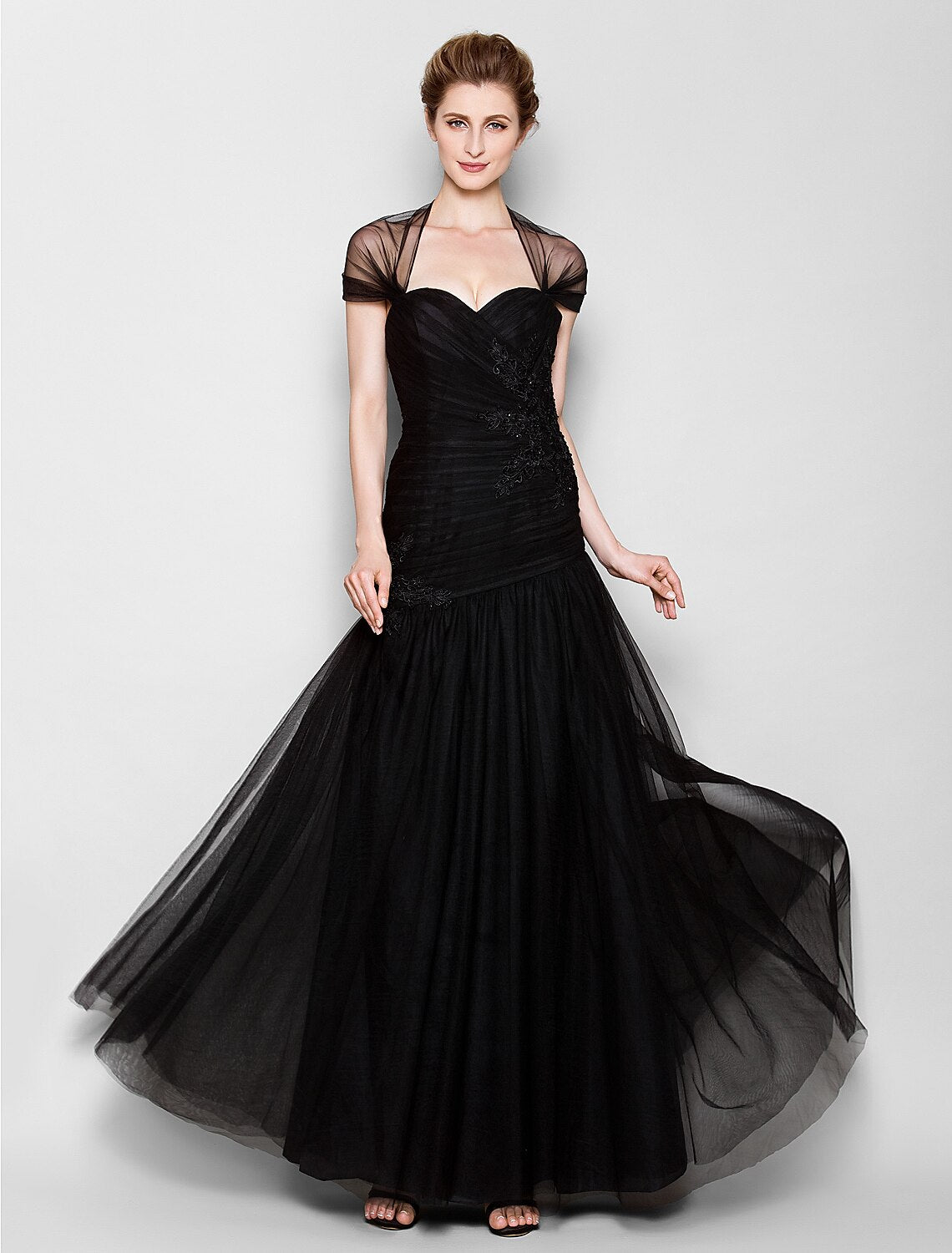 wholesale  Fit & Flare Mother of the Bride Dress Queen Anne Floor Length Tulle Short Sleeve No with Criss Cross Appliques