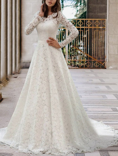 Wholesa Engagement Formal Fall Wedding Dresses A-Line Illusion Neck Long Sleeve Court Train Lace Bridal Gowns With Sashes / Ribbons Pleats