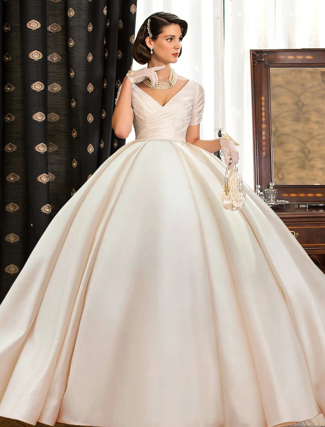 wholesale  Engagement Formal Fall Wedding Dresses Ball Gown V Neck Short Sleeve Court Train Satin Bridal Gowns With Ruched Solid Color