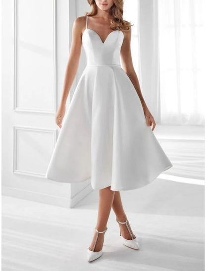 Wholesa Hall Little White Dresses Wedding Dresses A-Line Camisole Sleeveless Tea Length Satin Bridal Gowns With Pleats Solid Color