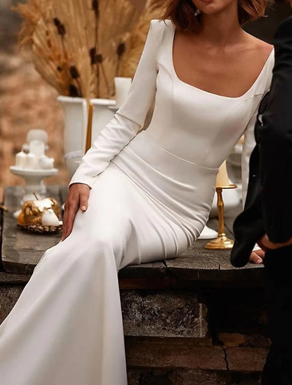 Wholesa  Reception Open Back Royal Style Casual Fall Wedding Dresses Mermaid / Trumpet Square Neck Long Sleeve Court Train Satin Bridal Gowns With Solid Color Summer Wedding Party