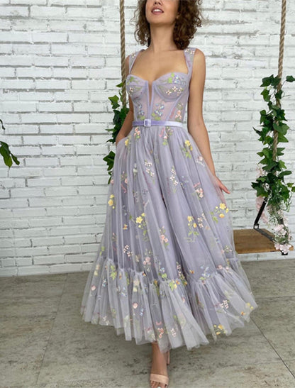 Wholesa A-Line Prom Dresses Floral Dress Formal Evening Birthday Floor Length Short Sleeve Square Neck Fall Wedding Guest Lace with Pleats Appliques