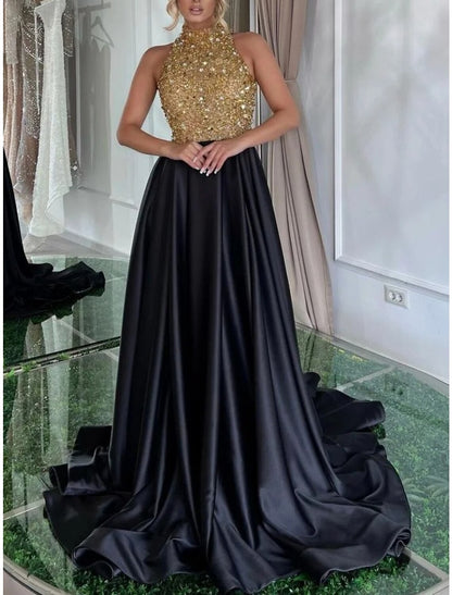 Wholesa A-Line Evening Gown Elegant Dress Formal Sweep / Brush Train Black Dress Sleeveless Jewel Neck Satin with Pleats Sequin