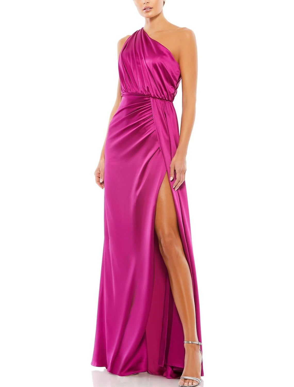 Wholesa A-Line Evening Gown Elegant Dress Formal Wedding Floor Length Sleeveless One Shoulder Charmeuse with Ruched Slit