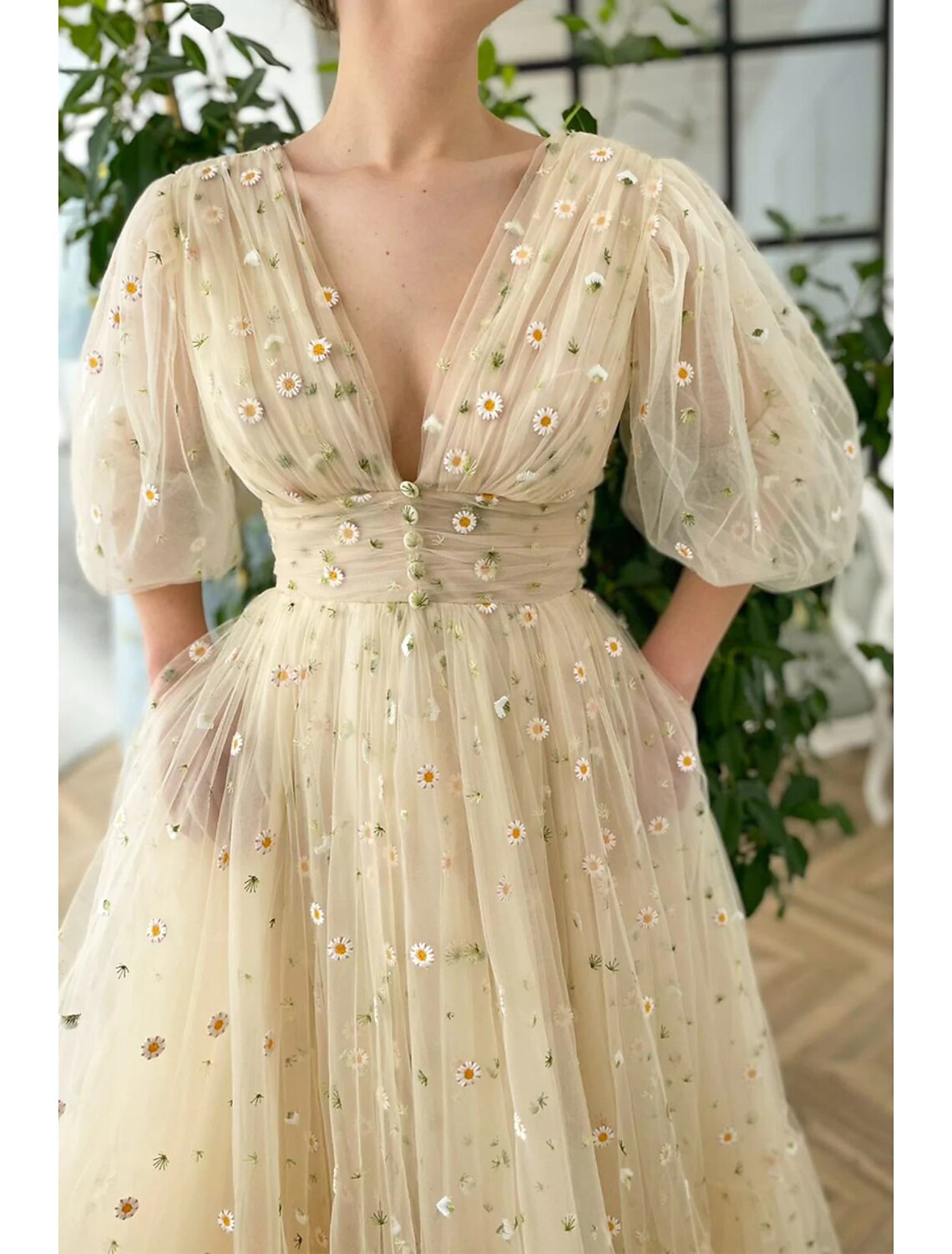 Wholesa A-Line Prom Dresses Floral Dress Formal Wedding Guest Ankle Length Half Sleeve V Neck Lace V Back with Pleats Ruched