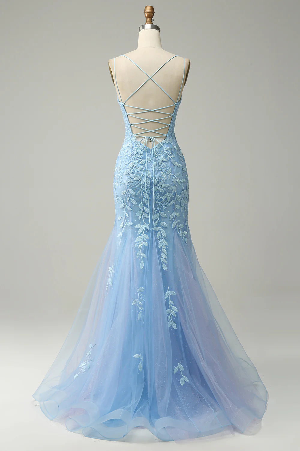 Deep V-neck Appliqued Corset Tulle Lace Maxi Prom Dresses Moss